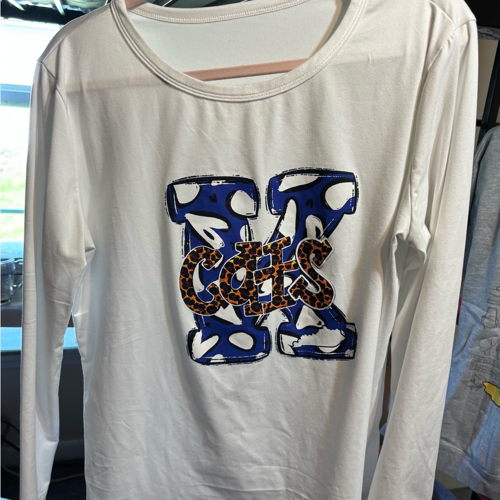 White Long Sleeve Tee with Blue & Leopard 'Cats' Graphic
